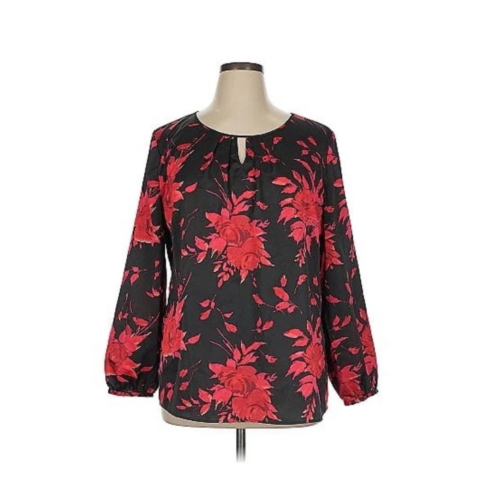 Talbots Woman Red Floral Black Satin Keyhole Neck Blouse Size 3x